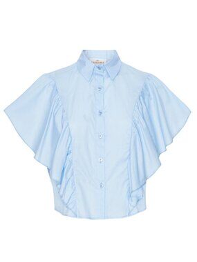 Karmamia Salma Sky Blue Poplin Ruffle Shirt Blouse NWT Size Small
